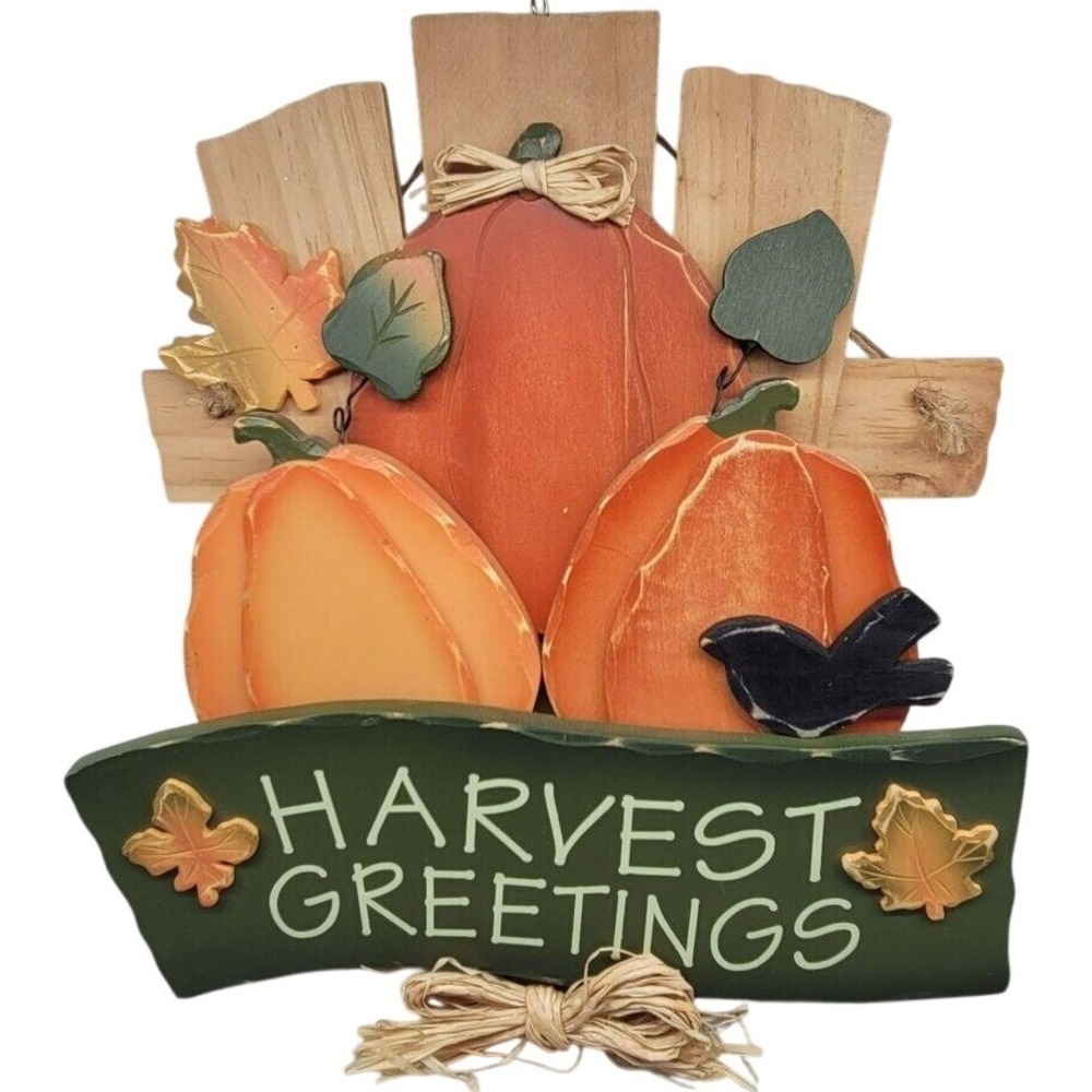 Fall Harvest Greetings Sign Pumpkins Leaves Wooden Autumn Decor‎ Thanksgiving
